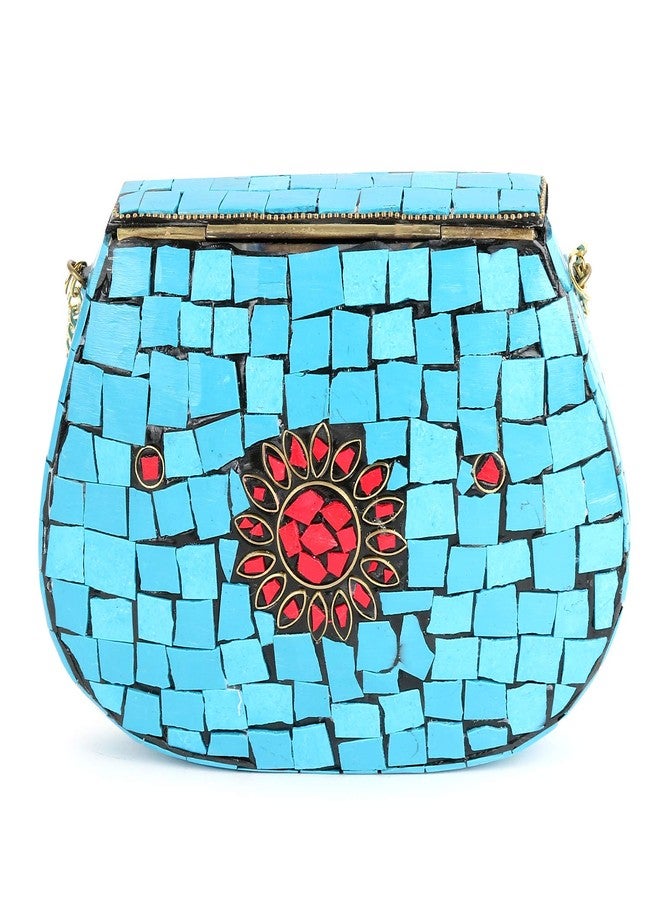 Voila Women's Sky Blue Chipped Stone Handmade Brass Clutch - Image 3